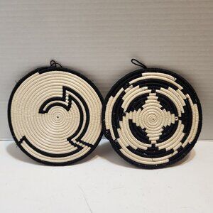 Handwoven African Woven Style Coiled Wall Décor Set Of 2 Geometric Patterns